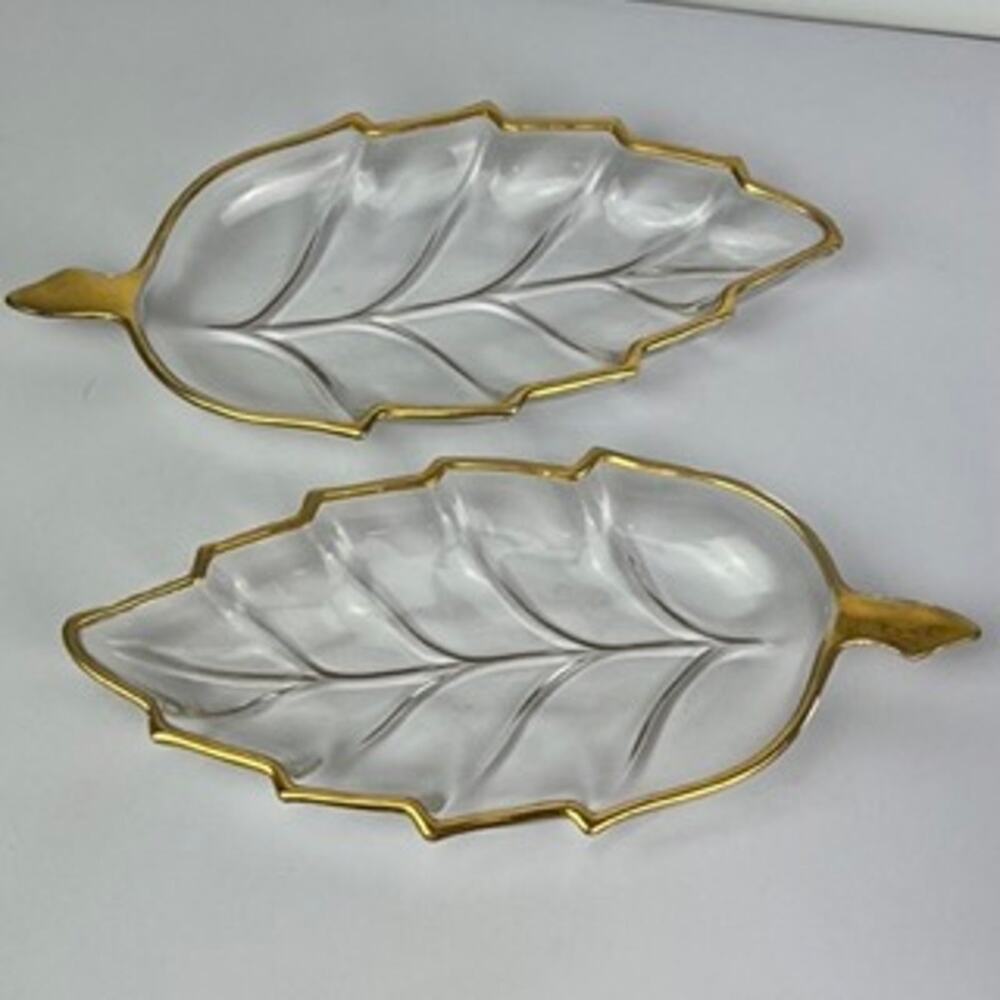Vintage Glass Leaf Candy Glass Trays Gold Edges 8 Inch Set Of 2
